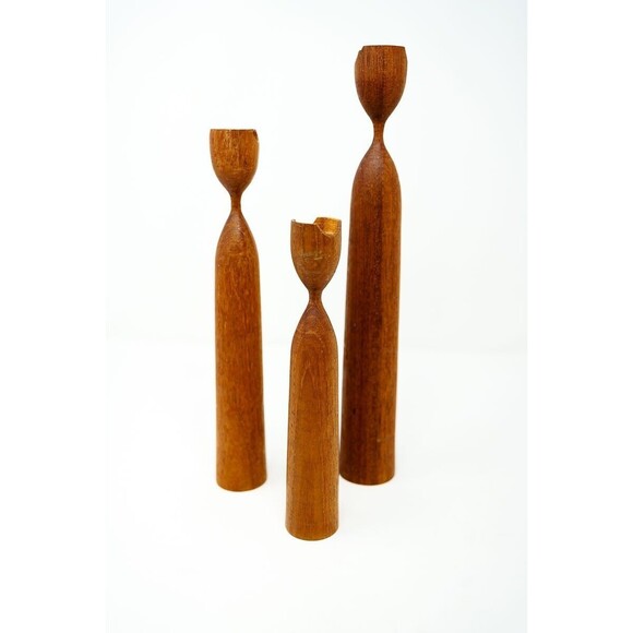 Set Of Three Vintage MCM Turned Teak Danish Modern Candlesticks Scandinavian - Picture 1 of 9